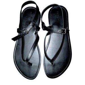 Pilcro by Anthropologie Black Leather Thong Strap Sandals Resort Vaca– US 8.5